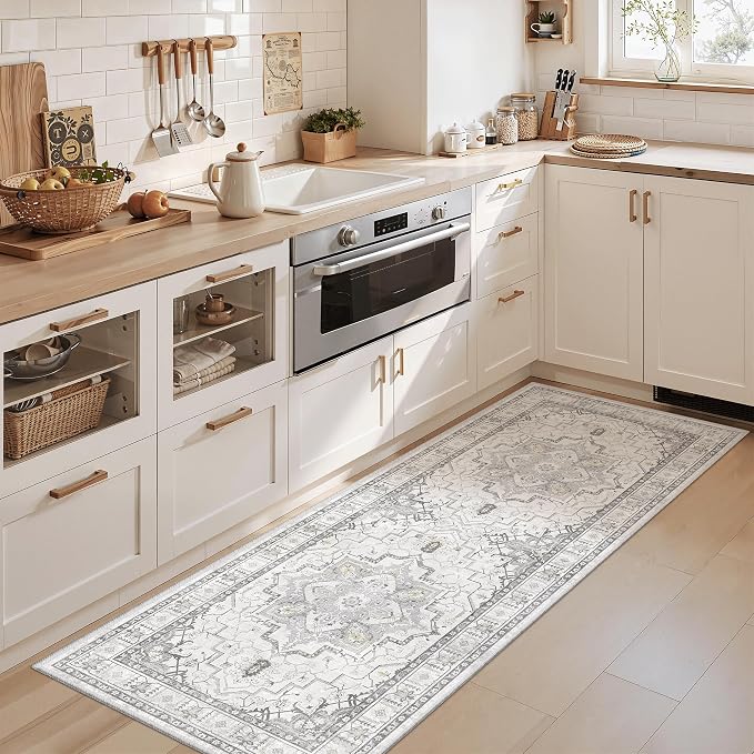 Madane Washable Runner Rug 2x6 Runners for Hallways Non Slip, Grey | Vintage Stain-Resistant 6 Feet Kitchen Rug, Soft Low-Pile Ultra-Thin Floor Carpet Mat for Bathroom Laundry Room Bedroom 2x6ft