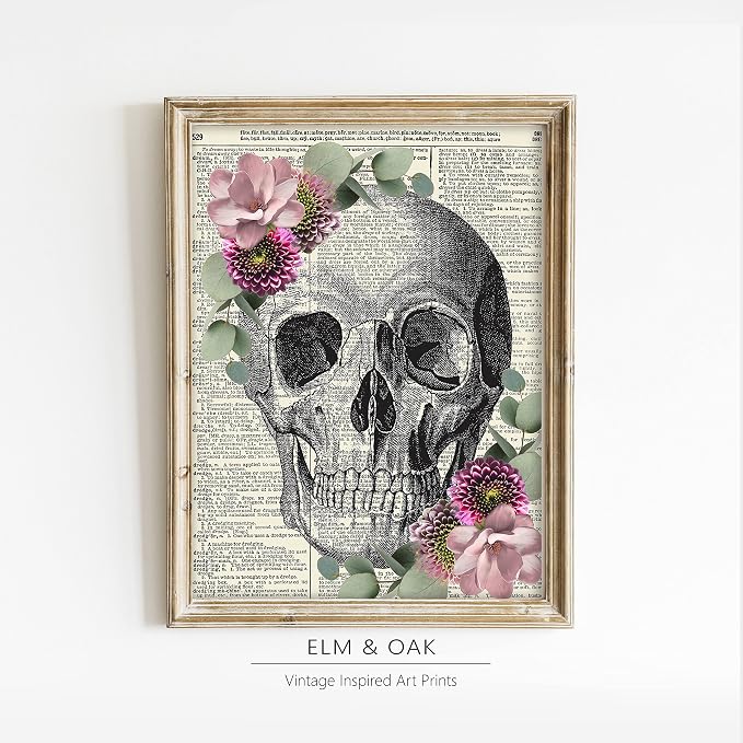 Anatomy with Eucalyptus and Butterflies, Vintage Dictionary Art Print, Floral Wall Art For Home Decor, Medical Art Print Poster, Wall Decor 8x10 Inches, Unframed (Skull (Eucalyptus Floral))