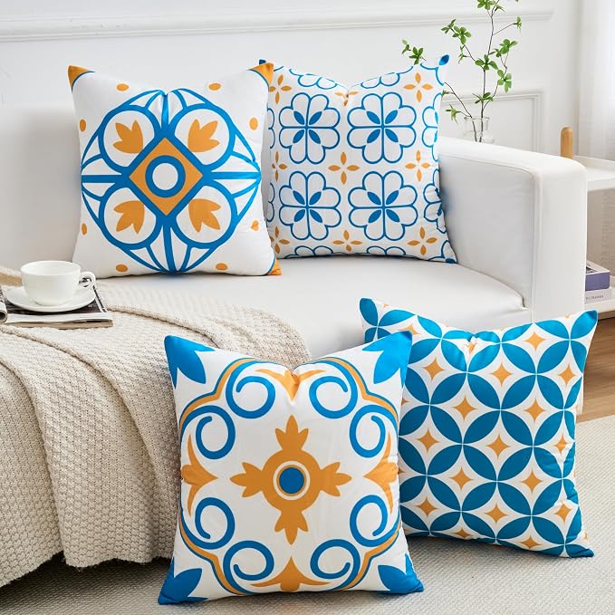 Set of 4 Boho Throw Pillow Covers 18x18 Inch, Blue Orange Pattern Decorative Pillow Case Soft Square Velvet Cushion Covers for Couch, Sofa, Living Room, Bedroom, Patio, Porch, Outdoor Home Décor