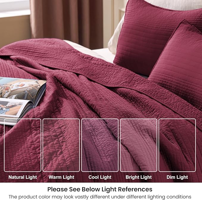 Love's cabin King Size Cotton Quilt Set, 100% Cotton Fabric Striped Textured Coverlet with Crinkled Look, Lightweight Quilted Bedspread for All Season, Includes 2 Pillow Shams, Burgundy