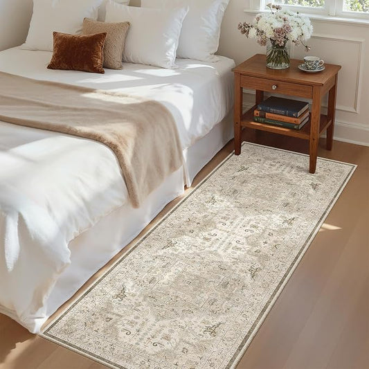 Madane Hallway Runner Rug 2x5 Washable Entry Rugs Non-Slip, Ivory/Brown | Vintage Printed Low-Pile Kitchen Runners, Soft Low-Pile Stain-Resistant Throw Carpet for Bedroom Entrance Laundry Room 2'x5'