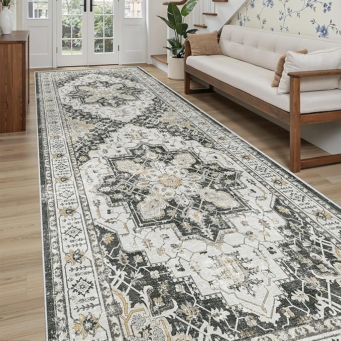 Madane 4x10 Wide Hallway Runner Rug Washable for Living Room, Black | Soft Stain Resistant Ktichen Runners 10ft, Vintage Non Slip Low Pile Area Rugs, Thin Floor Carpet for Bathroom Dining Bedroom