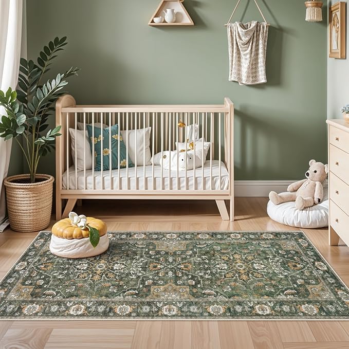 Washable 3x8 Hallway Runner Rug - Kitchen Rugs Ultra Soft Entryway Rug Runner Vintage Floral Floor Mat Non-Slip Low Pile Indoor Farmhouse Carpet for Bathroom Living Room Bedroom (Green,3x8)