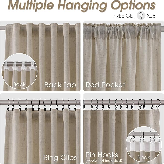 Linen Curtains 90 Inches Long for Living Room Semi Sheer Light Filtering Curtain Back Tab Rod Pocket Neutral Boho Modern Farmhouse Decor Window Drapes for Bedroom 52x90 2 Panels Cobblestone