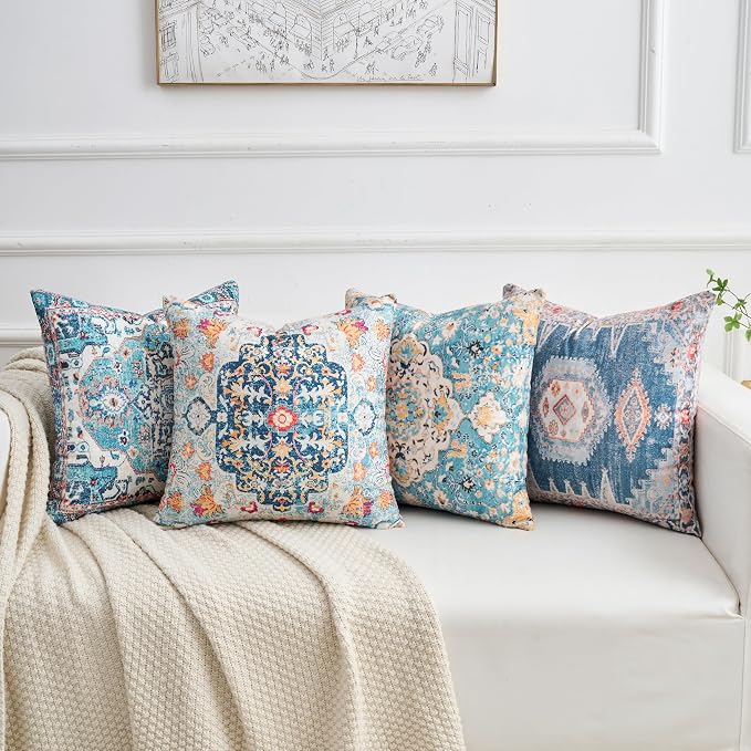 Set of 4 Vintage Blue Floral Throw Pillow Covers 18x18 Inch, Boho Medallion Decorative Pillow Cases Soft Cushion Covers for Couch Bed Living Room Spring Summer Decor