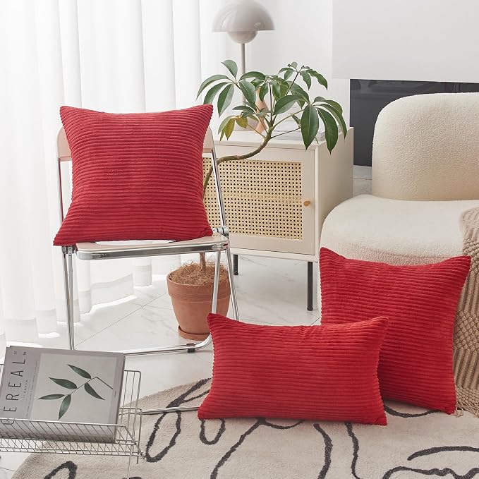 Home Brilliant 22x22 Pillow Covers Set of 2 Decorative Throw Pillows for Couch Striped Velvet Floor Pillows for Wedding Decor, 55x55cm, 22 x 22 Inch, Red