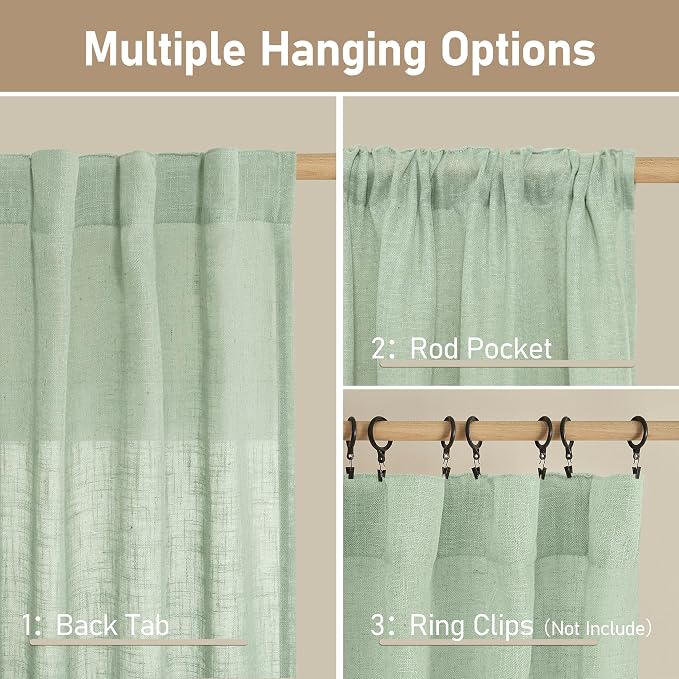 40 Inch Length Linen Curtains for Small Windows Over Silk 2 Panels | Semi Sheer, Light Filtering Panels, Rod Pocket Back Tab, Neutral Drapes for Farmhouse, Fresh Green, 34 x 40 Inch