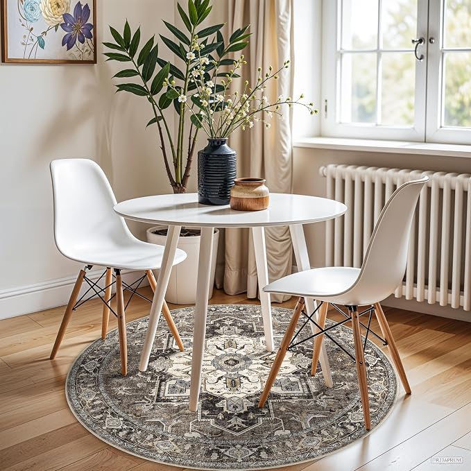 RUUGME Ultra-Thin Washable Round Rug: 4ft Vintage Circle Area Rugs for Living Room Bedroom Stain Resistant Carpet Non-Slip Backing Soft Low Pile Floor Mat for Dinning Room Entryway(Beige,4'Round)