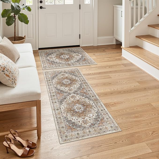 Madane 2-Piece Area Rugs Set, Small Kitchen Runner Non-Slip, Turmeric/Grey | Rug Runners Vintage Door Mat Indoor Entrance, Low Pile Floor Carpet for Inside Front Bedroom Entryway Entry Laundry 2x3+2x4