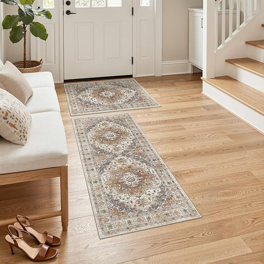 Madane 2-Piece Area Rugs Set, Small Kitchen Runner Non-Slip, Turmeric/Grey | Rug Runners Vintage Door Mat Indoor Entrance, Low Pile Floor Carpet for Inside Front Bedroom Entryway Entry Laundry 2x3+2x4