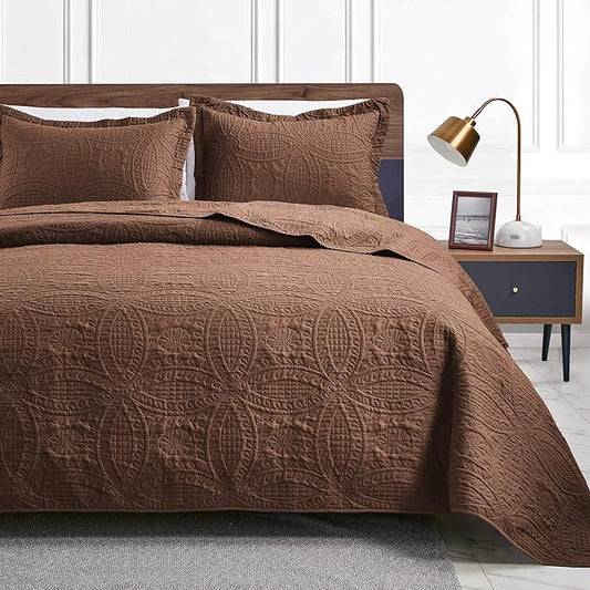 Love's cabin Quilts for Queen Bed Brown Bedspreads Bedding Set - Lightweight Bedspread Comforter - Coin Pattern Bedding Coverlet for All Season - 3 Pieces (1 Quilt, 2 Pillow Shams)
