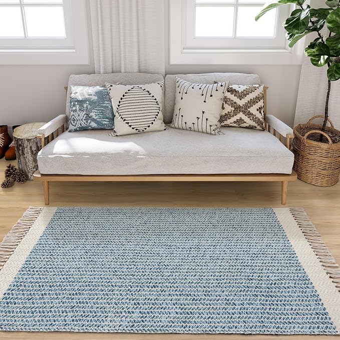 Lahome Boho Bathroom Rugs, 3x5 Washable Area Rug for Kitchen Bedroom Entry | Bath Door Mat with Tassels Woven Cotton, Farmhouse Blue Non Shedding Throw Carpet for Entryway Living Room Dorm Camper Rv