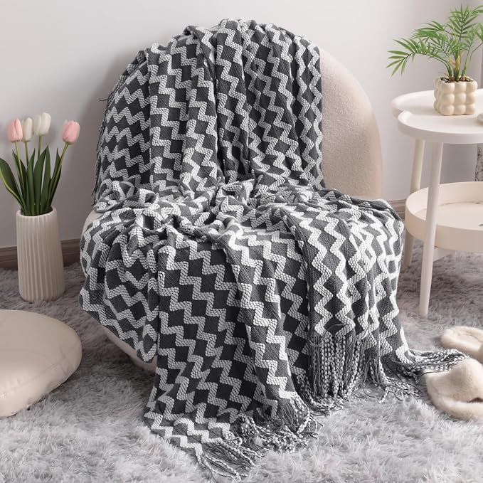 NTBAY Acrylic Knit Throw Blanket, 51 x 67, Grey Wave | Lightweight Acrylic Wave-Knit Throw with 7 Inch Tassels for Sofa, Bed, Reading, Travel, and Decorative Layering