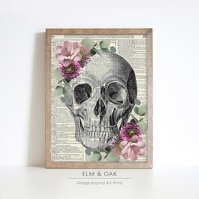 Anatomy with Eucalyptus and Butterflies, Vintage Dictionary Art Print, Floral Wall Art For Home Decor, Medical Art Print Poster, Wall Decor 8x10 Inches, Unframed (Skull (Eucalyptus Floral))