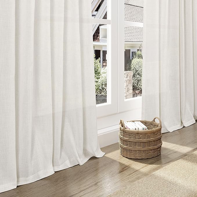 Elegant Cream Linen Curtains Semi Sheer Curtain 98 Inches Long for Bedroom Neutral Light Filtering Drapes for Livingroom 2 Penels Set Back Tab Window Curtains Linen Textured 52x98