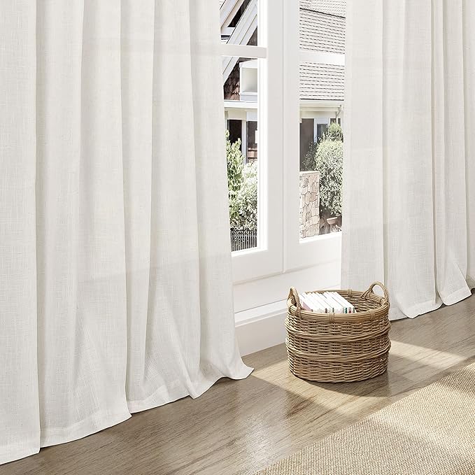 Extra Long Curtains 2 Panels 141 Inches Long for Dinning Room Cream Back Tab Rod Pocket Light Filtering Semi Sheer Drapes Cotton Linen Textured Window Curtain for Bedroom 52x141