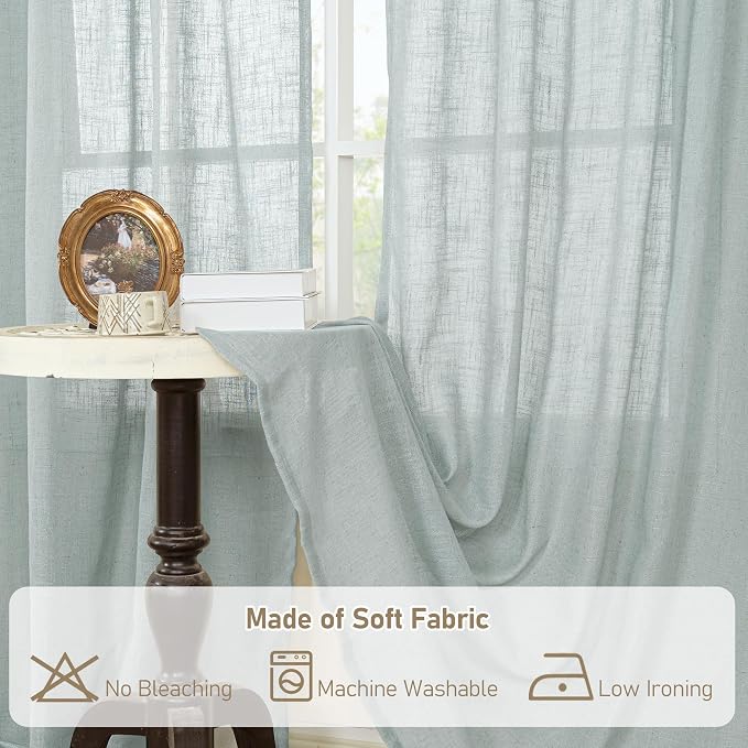48 Inch Greyish Blue Semi Sheer Linen Curtains for Bedroom 2 Panels | Light Filtering Window Panels, Linen Textured, Farmhouse Boho, Drapes for Dining Room, Windows, Bronze Grommet, 52 x 48 Inch