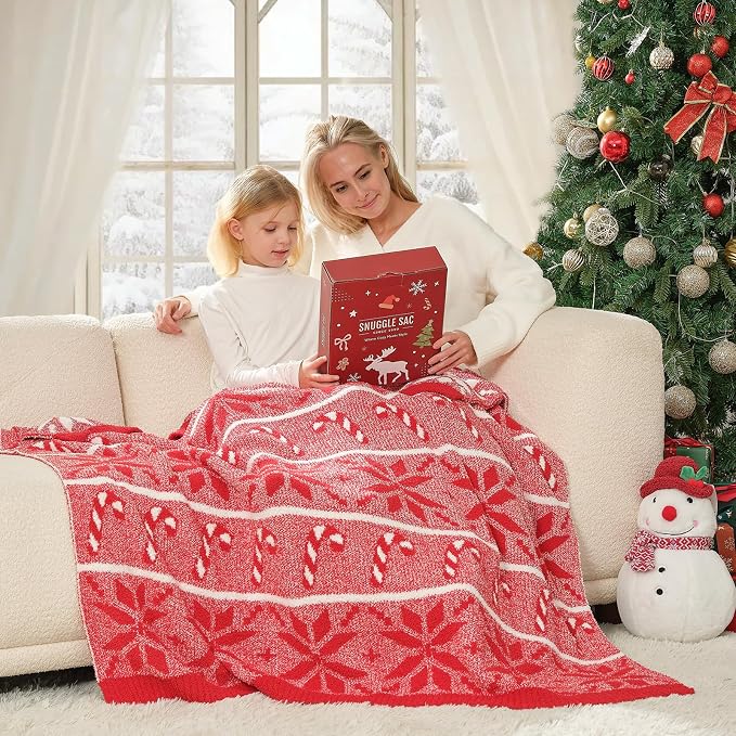 Snuggle Sac Christmas Snowflake Throw Blanket for Couch 50x60 inches, Ultra Soft Cozy Fuzzy Gift Throws, Reversible Fluffy Warm Decorative Blankets for Couch, Sofa and Bed for Xmas