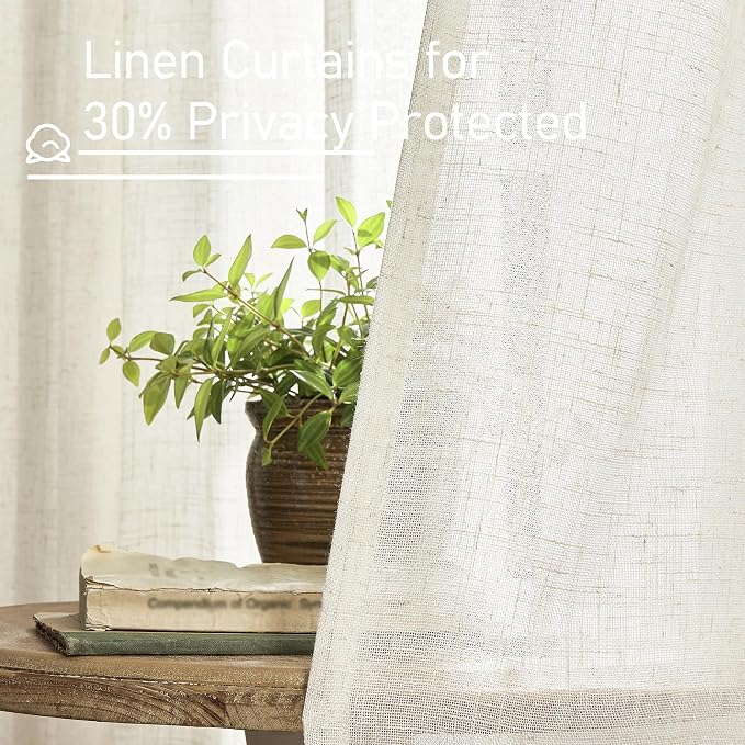 Semi Sheer Linen Window Curtains for Bedroom Living Room 52x63 Inch | Light Filtering Panels, Neutral, Faux Linen Textured, Farmhouse, Small Window, Rod Pocket Back Tab, Cream Ivory, 2 Panels