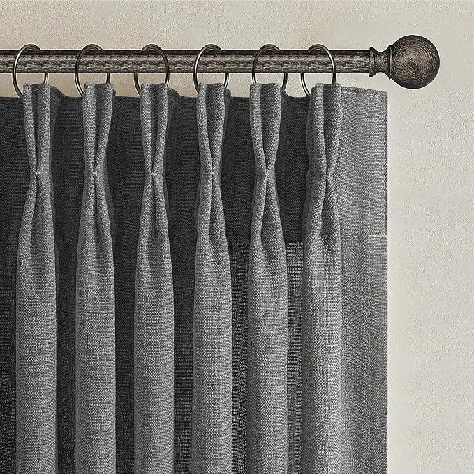 Dark Gray Sheer 90 Inches Long Bedroom Curtains 2 Panels Set, Pinch Pleated Faux Linen Semi Through Privacy Sheer Curtain That Let Light in Dining Room Charcoal Grey 7-1/2 FT Luxury Drapes Hooks Rings