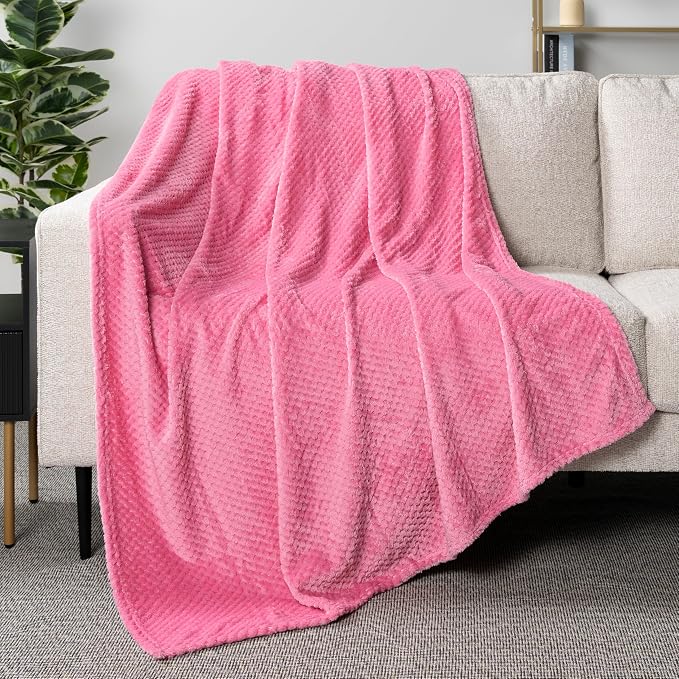 PAVILIA Hot Pink Fleece Throw Blanket for Couch Sofa Bed, Soft Fuzzy Waffle Jacquard Microfiber, Warm Lightweight Fade-Resistant Decorative All Season Throw, 50x60