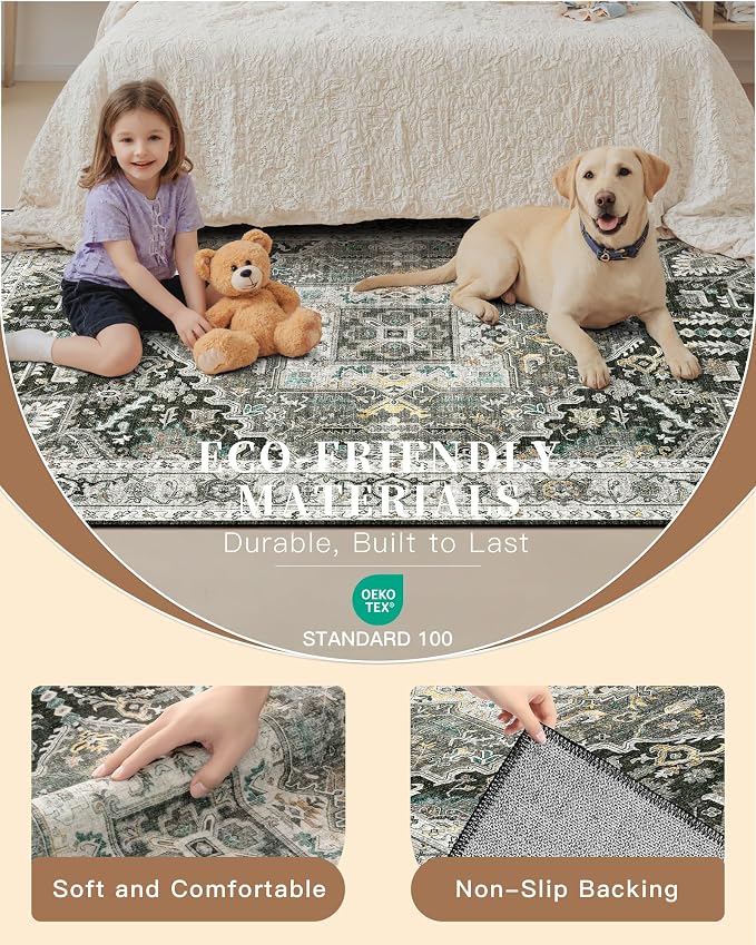 Madane Washable Runner Rugs 2x10 for Hallway Kitchen Grey Green/Black Olive | Non-Slip Low-Pile 10ft Rug Runners Soft, Stain-Resistant Floor Carpet Mat for Entrance, Living Dining Laundry Room, Stair