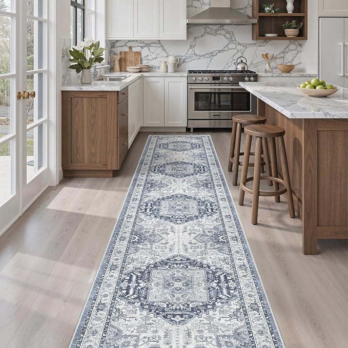 Madane Washable Runner Rugs 2x12 Long for Hallway Kitchen Soft, Navy/White | Non-Slip Vintage Printed 12ft Rug Runners with Rubber Backing, Low-Pile Floor Carpet Laundry Room Entryway, Corridor
