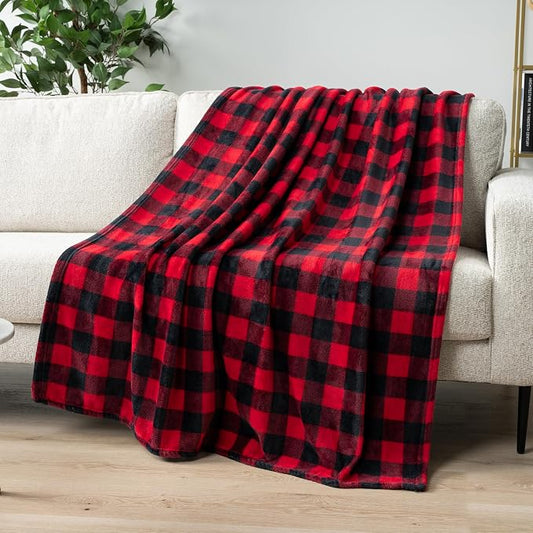 PAVILIA Black and Red Buffalo Plaid Fleece Throw Blanket for Couch, Soft Checkered Flannel Blanket for Sofa, Plaid Christmas Couch Throw Bed, Warm Cozy Decorative Blanket Fall Decor Gift, 60x80