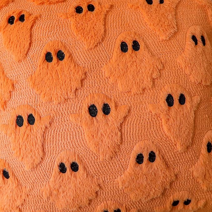 4TH Emotion Halloween Ghost Decorative Pillow Covers 18x18 Set of 2, Orange Soft Plush Faux Fur Farmhouse Throw Cushion Cases for Fall Autumn Holiday Home Decorations