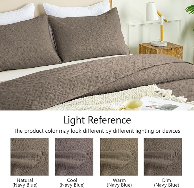 FLYMME Quilts Queen Size,Lightweight Mocha Brown Bedspreads,Basket Weave Pattern,Ultra Soft Microfiber Bed Coverlet 3 Pieces for All-Seasons (1 Quilt,2 Shams)