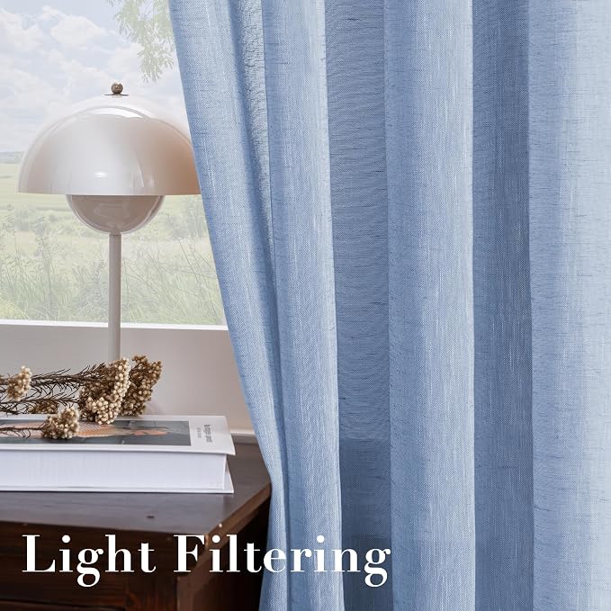 H.VERSAILTEX Linen Curtains Natural Blended Curtain Panels for Living Room/Light Reducing Linen Semi Sheer Curtains 84 inch Length 2 Panels Set Nickel Grommet Window Panels, 52" x 84", Chambray Blue