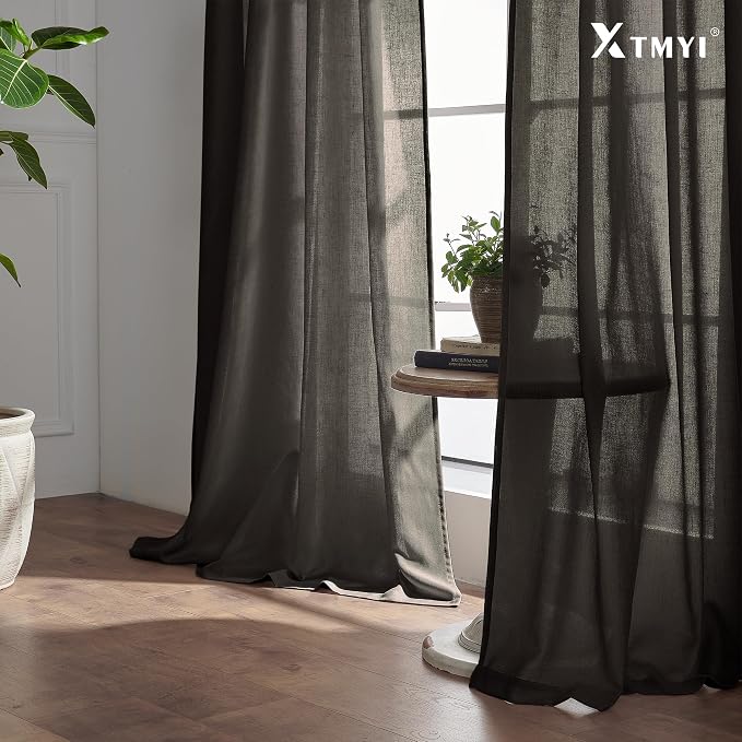 XTMYI Chocolate Brown Curtains 96 Inches Long 2 Panel Set,Sheer Linen Pleated Back Tab Window Drapes Curtains for Living Room 96 Inch Length,Dark Brown