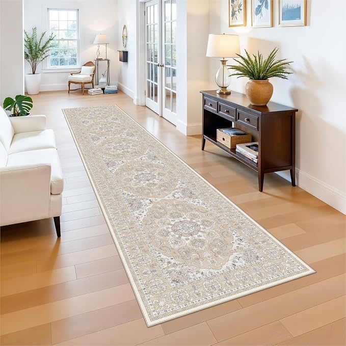RUUGME Hallway 2'6x12 Runner Rug: Vintage Washable Kitchen Rugs Non-Slip Low Pile Carpet for Entryway Soft Thin Stain Resistant Floor Decor Mat for Bathroom Living Room Bedroom(Beige/Cream,2'6"x12')