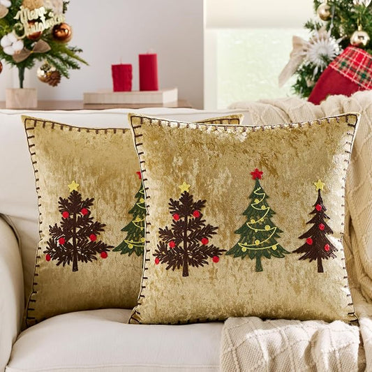KINDREX Christmas Tree Throw Pillow Covers 18x18 Set of 2 Winter Holiday Decorative Gold Embroidered Luxurious Velvet Accent Pillowcase for Sofa Couch Bed Living Room Home Decor