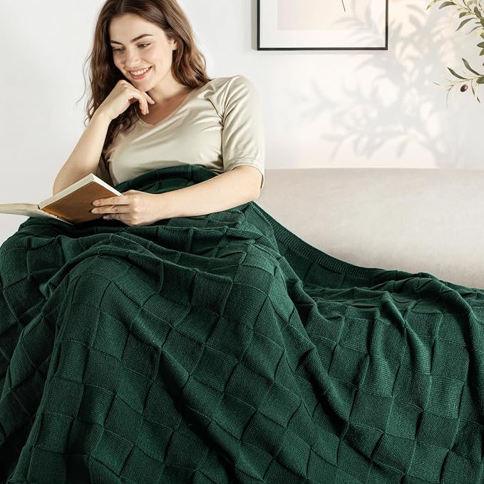 Whale Flotilla Checkered Knit Throw Blanket for Couch, Dark Green | Soft Decorative Knitted Blankets for Couch Sofa Bed, Lightweight Cozy Throws for Spring Summer, 60x80 Inch