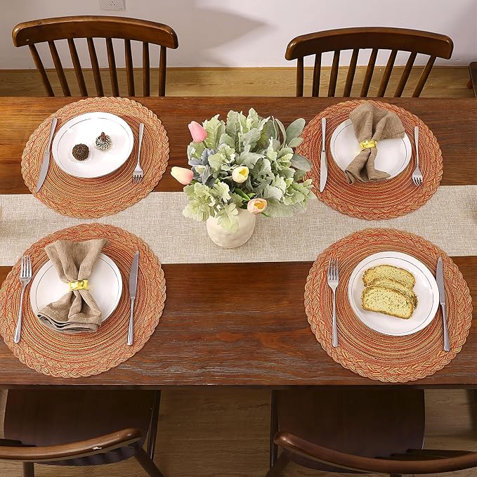 SHACOS Round Placemats Set of 6 Woven Round Table Mats 15 inch Circle Braided Edge Washable Cotton Polyester Kitchen Dining Table Place Mats, Fall Color Mix