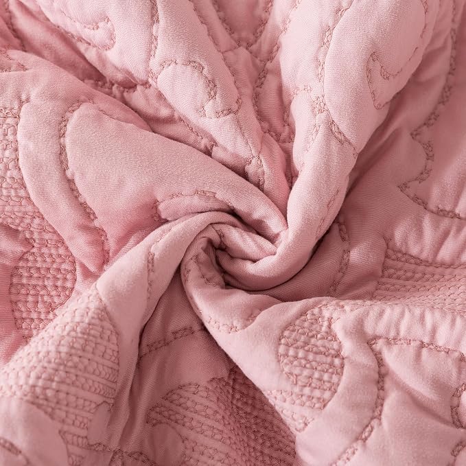 NEWLAKE Quilt Bedspread Set, Pink Jacquard Embossed Floral Pattern Reversible Embroidered Microfiber Coverlet Sets, King Size