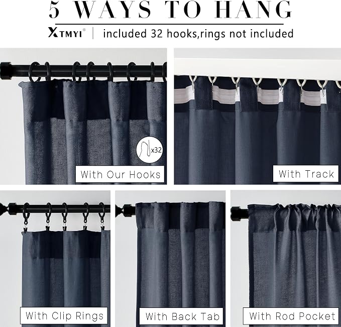 XTMYI Navy Blue Curtains 84 Inch Lengh,Linen Sheer Back Tab Hooks Pleated Light Filtering Dark Blue Kids Curtains for Boys Bedroom Living Room 2 Panel Set,Midnight/Indigo