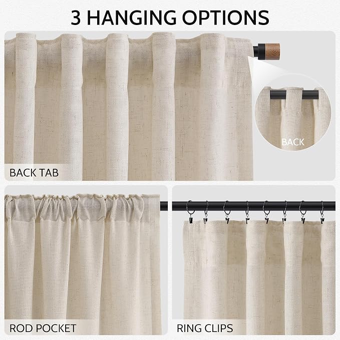 Cream Beige Linen Curtains 84 Inches Long for Living Room Light Filtering Semi Sheer Curtain Back Tab Modern Farmhouse Decor Elegant Luxury Coastal Drapes for Bedroom Office 52x84,2 Panels