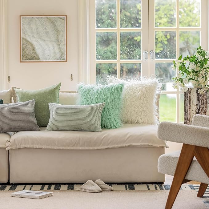 Home Brilliant Sage Green Lumbar Pillow Cover Corduroy Plush Velvet Oblong Decorative Rectangle Pillowcases for Bed Couch Sofa Summer Decor, Set of 2, 12 x 20 inches(30x50cm), Mint