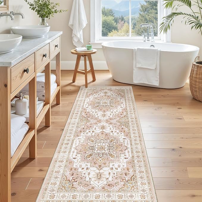 Madane Washable Runner Rug 2x6 Runners for Hallways Non Slip, Pink | Vintage Stain-Resistant 6 Feet Kitchen Rug, Soft Low-Pile Ultra-Thin Floor Carpet Mat for Bathroom Laundry Room Bedroom 2x6ft