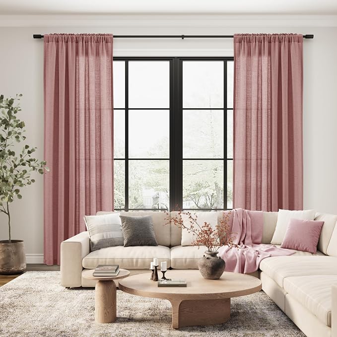 Canyon Rose Linen Curtains 108 Inches Long 2 Panel Set Rod Pocket Semi Sheer Girls Bedroom Living Room Airy Soft Fabric Window Treatments 52x108