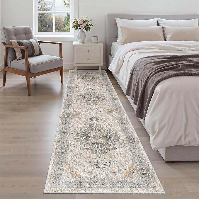 Madane Hallway Runner Rug 2x8 Washable Kitchen Rugs Soft, Light Taupe Brown | Vintage Machine Washable Low-Pile Floor Carpet 8ft, Non-Slip Thin Throw Entry Foyer Mat for Entrance Laundry Living Room
