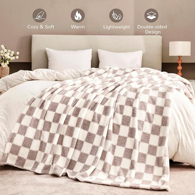 Purple Gray Checkered Twin Size Blanket, Soft Plush Microfiber Fleece Blanket for Couch Sofa Bed, Cozy Decorative Home Blanket, All Season, 60x80 Inches
