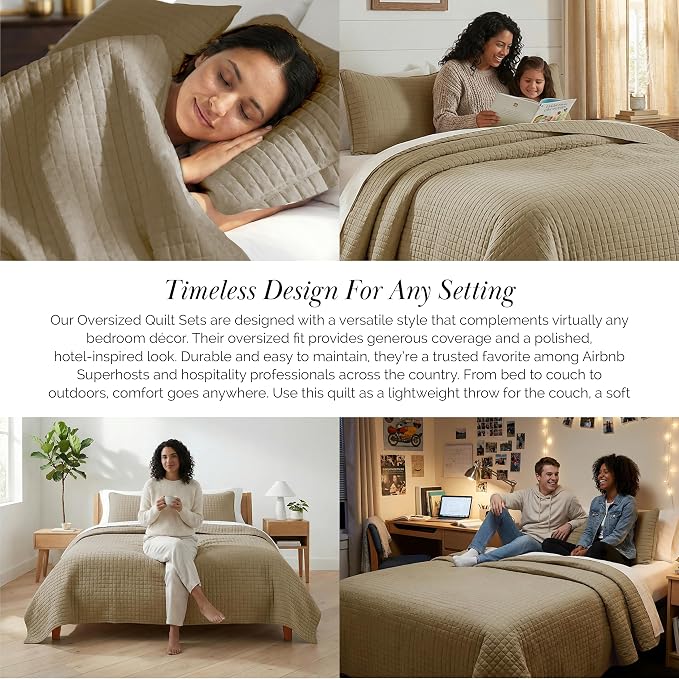 Southshore Fine Living, Inc. Full/Queen Quilt Set with 2 Matching Pillow Shams, Lightweight Full Size Quilt Coverlet, Easy Care, Machine Washable Queen Size Bedspread, Taupe