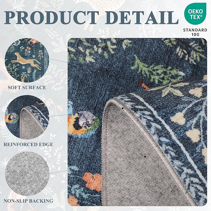 DUKINO 5x7 Area Rugs, Washable Animal Rug for Living Room Non Slip, Blue | Low Pile, Soft Indoor Carpet for Bedroom, Kids Room, Dining Room, Pet Friendly, Farmhouse, Stain Resistant, Non-Shedding