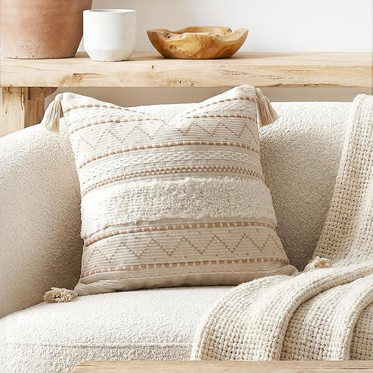 BlissBlush 18X18 Throw Pillow Cover, Cream Neutral Beige Square Decorative Cushion Cover, Boho Accent Pillowcase with Tufted Details and Tassels for Couch Sofa Living Room(Cover Only)