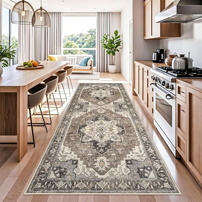 RUUGME Washable 4x10 Runner Rug - Hallway Ultra-Thin Soft Rugs Wide Vintage Stain Resistant Carpet with Non-Slip Rubber Backing Low Pile Indoor Floor Mat for Kitchen Living Room Bedroom (Beige,4x10)