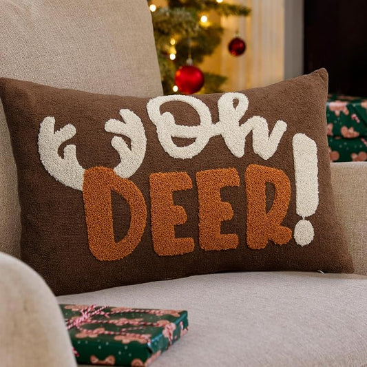 Embroidered Deer Christmas Pillow Covers 12x20, Cute Christmas Throw Pillow Covers Christmas Decorations Holiday Pillows for Home Couch,Brown/Pumpkin