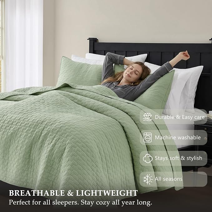 palassio Sage Green 100% Cotton Quilt Queen Size Bedding Sets with 2 Pillow Shams, Textured Lightweight Soft Bedspread Shabby Chic Coverlet, Quilted Comforter Bed Cover for All Season, 3 Pieces